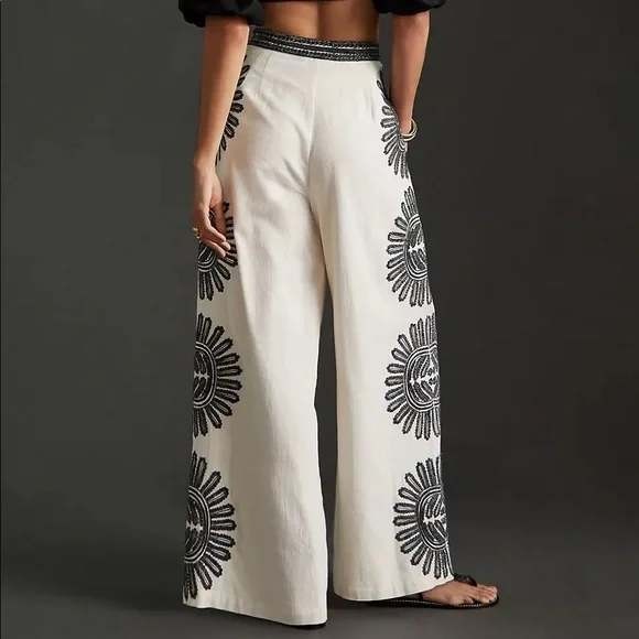 Anthropologie Ollari Cream Embellished Wide Leg Pants - Picture 3 of 16